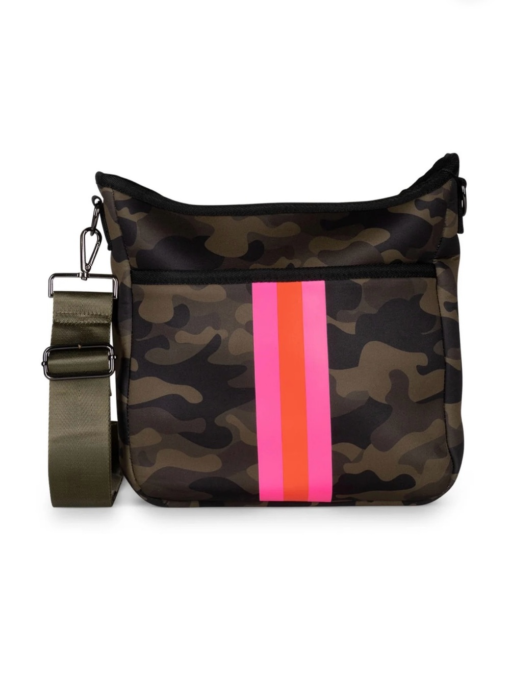 HAUTE SHORE Camo Messenger Bag with Pink & Orange Center Stripe NWOT